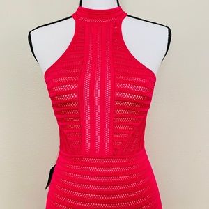 🆕 Bebe Mesh Stripe Halter Midi Dress in Hot Pink